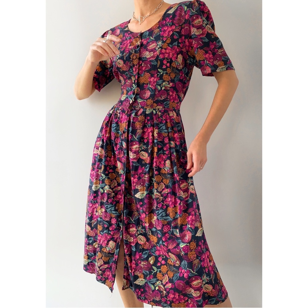 Vintage Floral Midi Dress in Magenta, Navy & Mustard